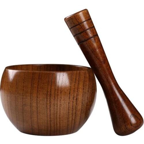 Wooden Grinder Pounded Garlic Jar Mortar with Round Smooth Hand Polished Pestle Set For Grind Herbs Spices Grains Pepper