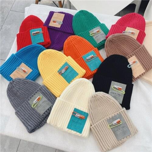Children Baby Beanie Cap Winter Warm Knitted Hat with Safety Pin for Newborn Boys and Girls Bonnet Cap Infant Kids Accessories