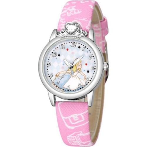 Kids Quartz Watches for Girls Children Clock Princess Rhinestone Queen Sweet Baby Cartoon Student Wrist Watch Leather Band