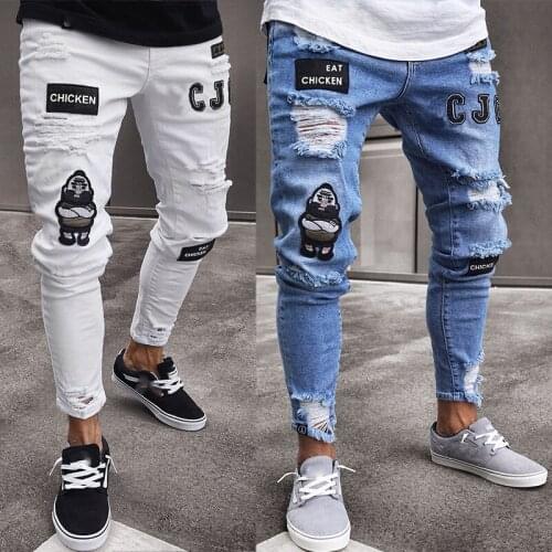 3 Styles Men Stretchy Ripped Skinny Biker Embroidery Print Jeans Destroyed Hole Taped Slim Fit Denim Scratched High Quality Jean