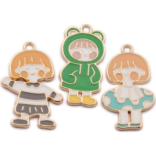 Julie Wang 6PCS Enamel Cartoon Girl Charms Alloy Mixed Gold Tone Pendants Bracelet Jewelry Making Accessory