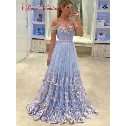 Robe De Soiree 2020 Blue Butterfly Lace Prom Dresses Custom made A Line Elegant Long Prom Party Princess Gown