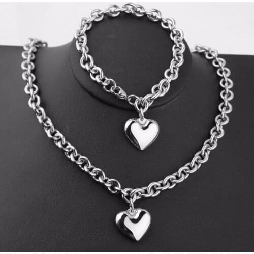 8mm Wide O Lion Chain Women Stainless Steel Silver Color Heart Pendant Bracelet&Necklace Pretty Wife Anniversary Jewelry Sets