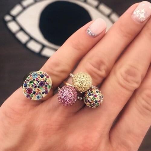 2021 Gold Filled Mini Rainbow Zirconia Cz Paved Disco Colorful Balls Women Summer Style Fashion Full Size Finger Ring 6 7 8 9