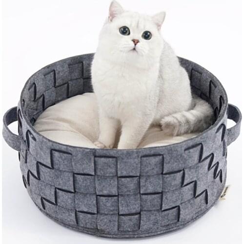 Cat Basket Bed, Felt Cloth Kitten Lounge with Soft Removable Pillow Pet Nest for Cat Puppies & Small Animals, All Seasons
