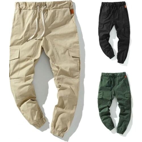 50% Hot Sales Cargo Pants Solid Color Multi Pockets Men Ankle Tied Drawstring Pants for Sports