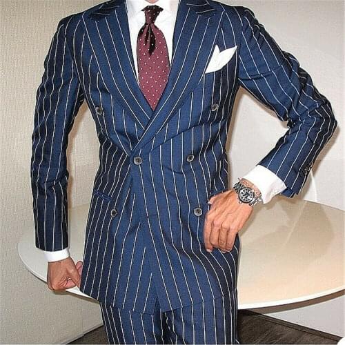 YIWUMENSA Classic Smart Casua Business Men Suits For Groom Work Wear 2 Pieces Slim Fit Double Breasted Blue Jacket With Pants