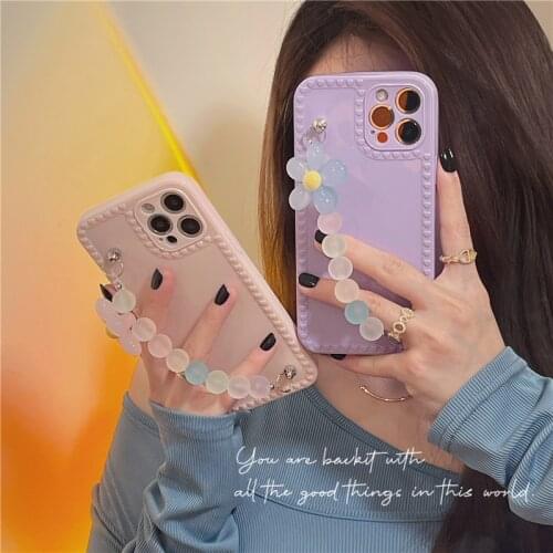 Korean Candy Colors Flowers Bracelet Chain Soft Case For IPhone 12 Pro Max 11 6 7 8 PLus X XR XS Lovely Love Heart Bumper Cover