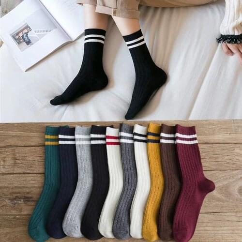 Japanese High School Girls Loose Socks Solid Striped Cotton Knitted Long Socks Harajuku Retro Solid Black White High Socks Women