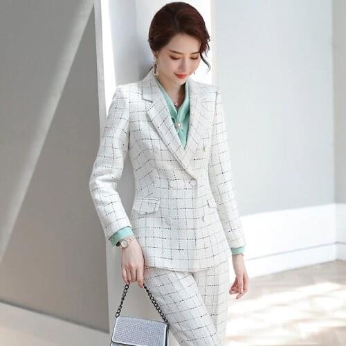 Autumn womens Weave Tweed suit jacket And pants 2 pieces women pant suits formal work plaid blazer set Office lady suits set