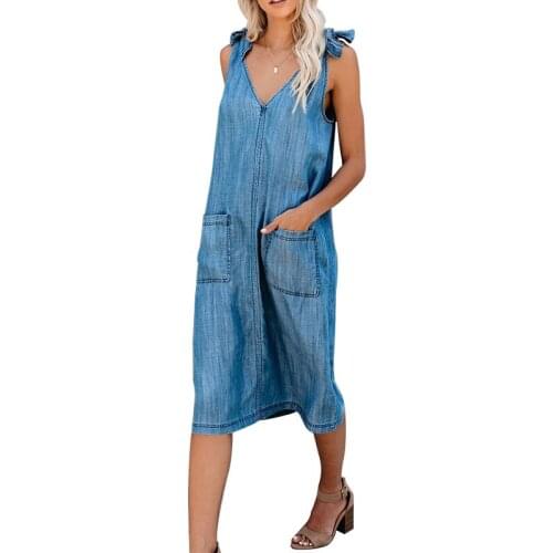 WomenS Summer Lace-Up Denim Vest Dress Retro Blue Sleeveless V-Neck Large Pocket Casual Long Dresses