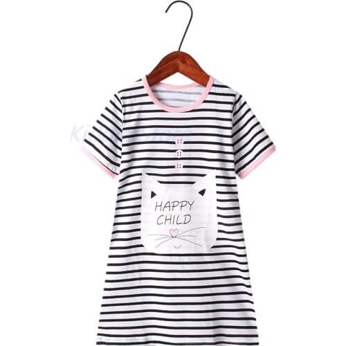 Striped Cartoon Cat Pajama Dress for Baby Children Dresses Kids Night Wear Summer Casual Nightgown Toddler Teens Clothing Pijama