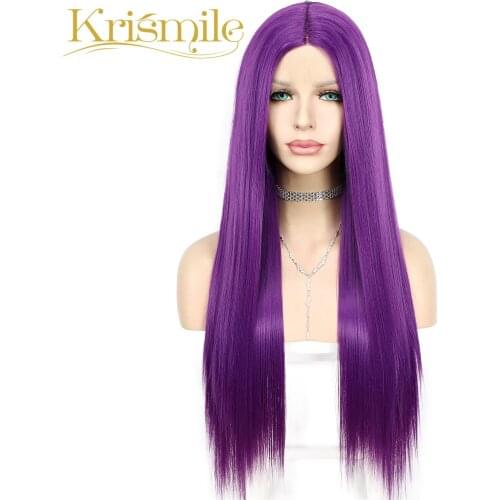 Synthetic Lace Wig Futura Fiber Purple T-Part Long Straight for Women High Temperature Cosplay Daily Party Drag Queen Make Up
