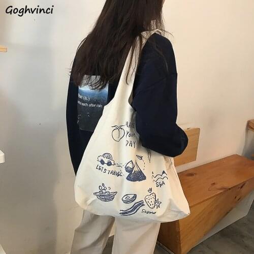 Shopping Bags Women Canvas Harajuku Simple Students Fashion Ins Preppy-style Cartoon Printed Graffiti Shoppers Chic Leisure New