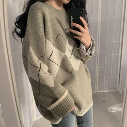 Women Argyle Sweaters Autumn Winter Pullovers Long Sleeve O-Neck Loose Knitted Korean Tops Casual Vintage Jumper Sueter Mujer