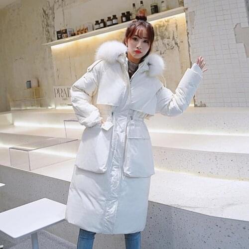 Bella Philosophy 2019 Women Solid Warm Down Coat Lady Raccoon Fur Collar Elegant long Outwear Female White Duck Down Coats