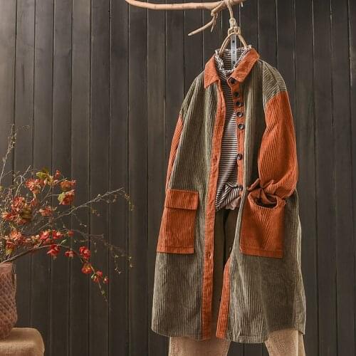 New Literary lapel contrast stitching corduroy jacket womens mid-length loose retro corduroy trench coat Spring Autumn s582