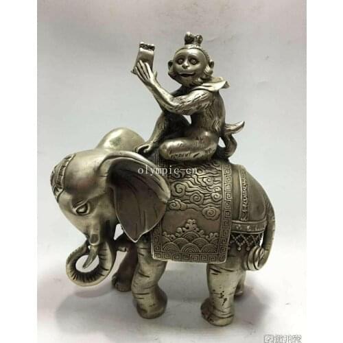 8'' copper silver carvings folk home fengshui monkey king on Elephant statue