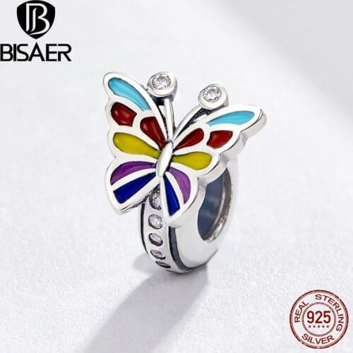 BISAER Butterfly Charms 925 Sterling Silver Colorful Enamel Insect Butterfly Beads fit Charm Bracelets DIY Jewelry ECC1195