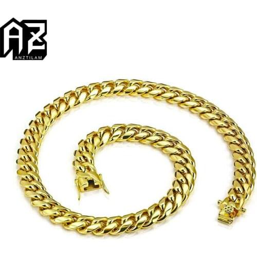 AZ Hip Hop 12mm Bling Gold Silver Color 316L Stainless Steel Cuban Chain Necklace Long Miami Chain Choker For Men Women Jewelry