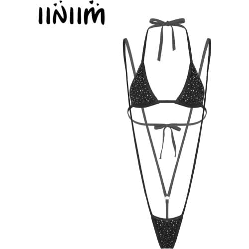 Women Glitter Rhinestone Lingerie Bikinis Set Lace-up Swimwear Sunbathing Bikini Halter Neck Bra with G-string Thongs Bodysuit