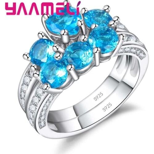Hot Sale 925 Sterling Silver Promise Rings Shiny Blue Cubic Zircon Crystal Set Ring Excellent Design for Women Gift