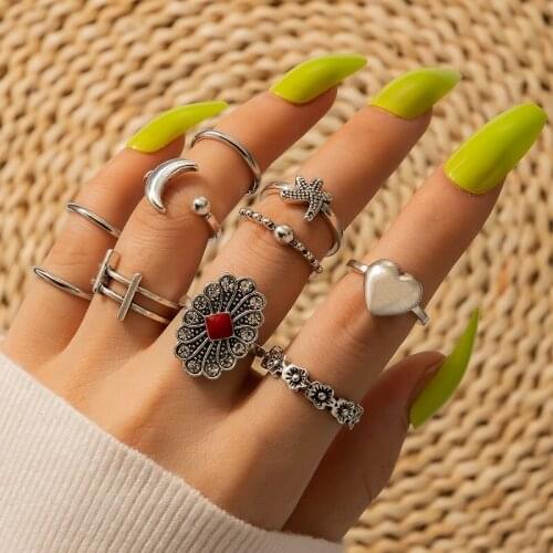 HuanTang 10pcs Boho Crystal Flower Finger Rings Set for Women Silver Color Moon Star Heart Knuckle Ring Female Jewelry Anillos