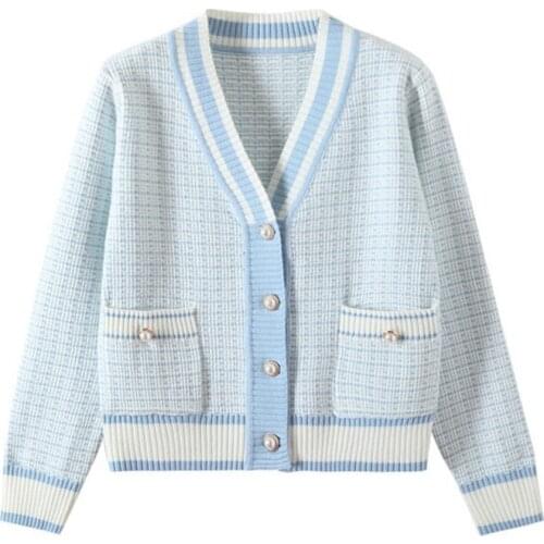 Quanss 2021 Korean Fashion Plaid Short Cardigan Womens V Neck Knitted Sweater Coat Female Autumn Winter Casual Vintag Knitwear