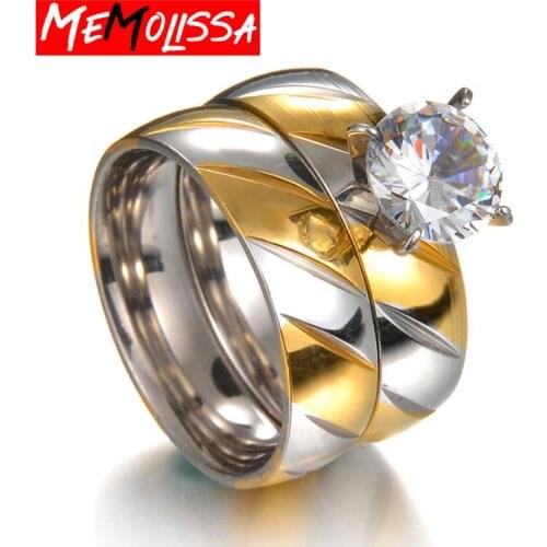 Stainless Steel Double Rings Sets Classic Wedding/Engagement Ring For Women Crystal Gold Color Fashion Jewelry Woman Gift