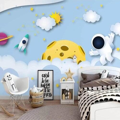 Custom Mural Wallpaper Nordic Ins Hand-painted 3D Universe Planet Cartoon Astronaut Childrens Room Background Wall Painting 3 D