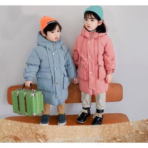 2021 New Childrens Down Jacket Medium Length Warm Down Boys' Girls' Pure Color Autumn Winter Thickened Hooded Jacket Fashion