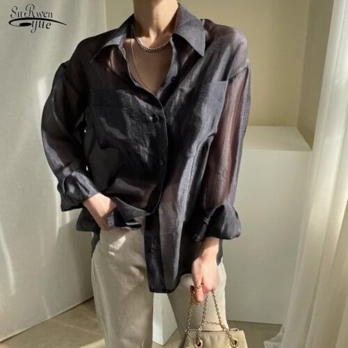 Autumn 2021 Chic Long Sleeve Women Shirt Loose Shirt Perspective Women Tops Korean Fashion OL Style Pockets Thin Blouse 16028