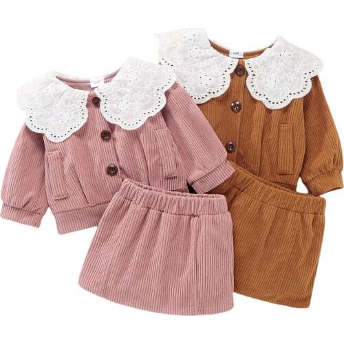Citgeett Autumn Winter Infant Baby Girls Ribbed Outfits Ruffled Collar Long Sleeve Tops Skirt Clothing Set