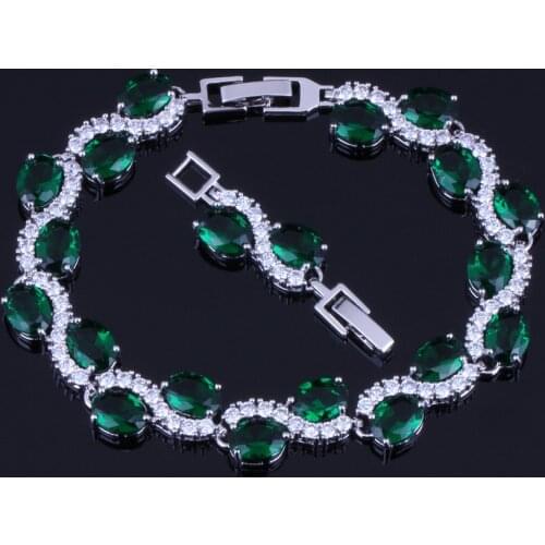 Absorbing Oval Egg Green Cubic Zirconia White CZ Silver Plated Link Chain Bracelet 18cm 20cm V0057