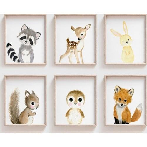 Self-adhesive Wall Sticker Fox Fawn Bunny Squirrel Child Poster Nursery Wall Art Animal Painting Nordic Kid Baby Bedroom Decor