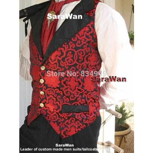 Custom Made Vest Men Waistcoat Red And Black Aster Brocade for front , Red satin for back, Wedding Waistcoat Groom Vest