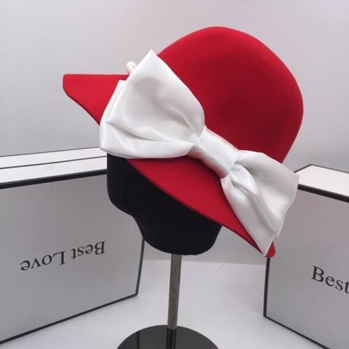 Spring the new wool Red bucket hats with bowknot fisherman cap basin hat