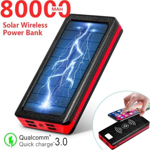 80000mAh Solar Wireless Power Bank with 4 USB Ports LED Light Large Capacity Fast Charger External Battery For Xiaomi IPhone
