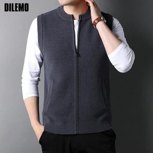 Top Grade New Autum Fashion Brand Zipper Knit Cardigan Sweater Vest Men Retro Crew Woolen Sleeveless Winter Casual Man Clothes