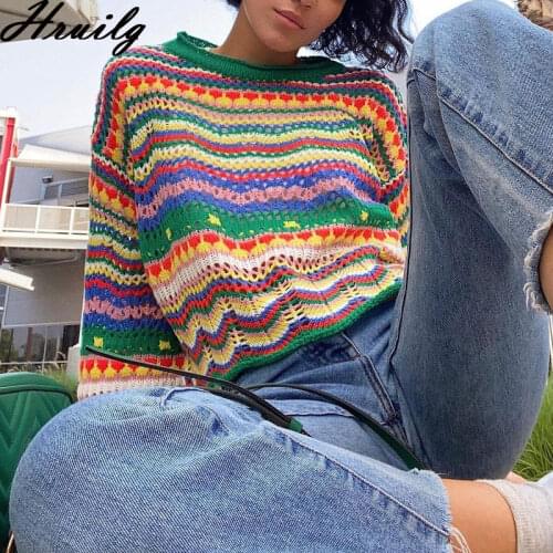 Sweaters for Women Long Sleeve Round Neck Colorful Stripes Patchwork Knitted Sweater Autumn Hollow Out Casual Pullover Women