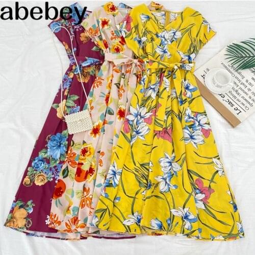 2021 New Summer Women Casual All-match V-neck floral print Dress waistband sleeveless medium length A-line Dress