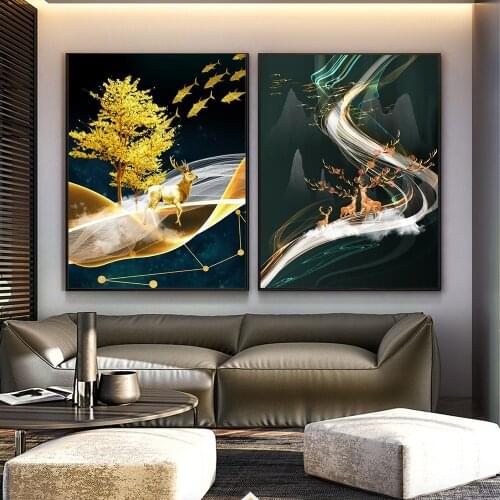 Abstract Golden Green Yellow Deer Fish Wealth Wall Art Canvas Painting Nordic Posters and Prints for Living Room Home Decor