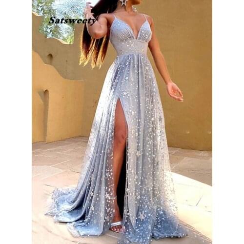 Satsweety Satin A Line Formal Prom Dresses Illusion V-neck Back Party Evening Dress with Stars vestido de formatura