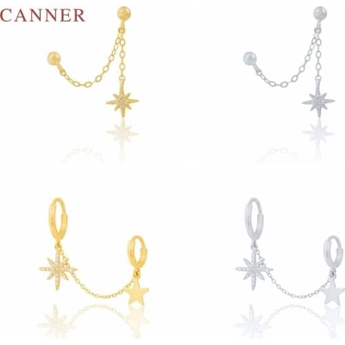 CANNER Earrings For Women 925 Sterling Silver Pendientes Chain Double Through Star Diamond Huggie Earrings Hoops Jewelry Joyero