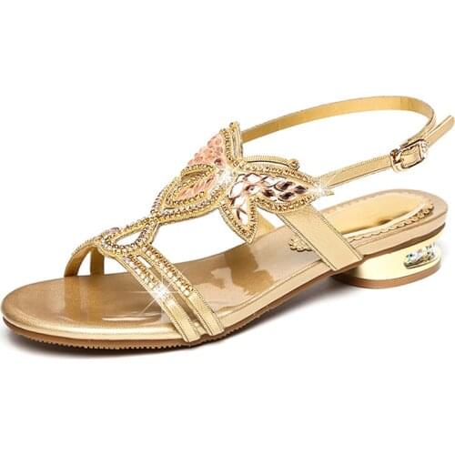 Low-Heel Womens Sandals Rhinestone Flowers Banquet Heels Female Genuine Leather Buckle Sandals Slippers Ladies Flat Shose sh101