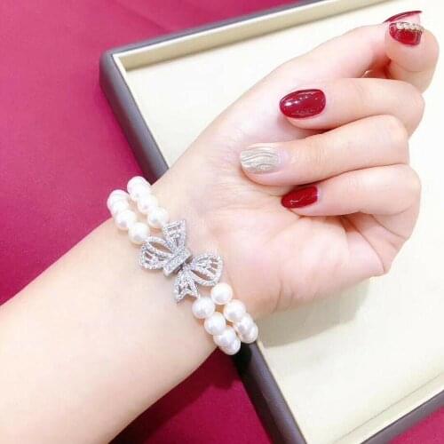 Hand knotted 2 row 8-9mm genuine white freshwater pearl bracelet micro inlay zircon butterfly accessories clasp 20cm
