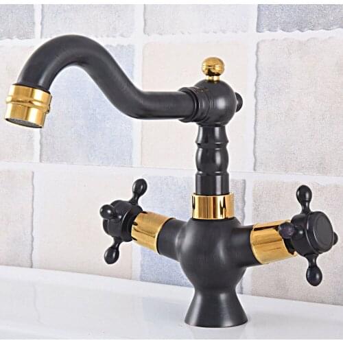 Black & Gold Brass Basin Faucet Bathroom Sink Mixer Faucet Deck Mount Double Handle Water Tap