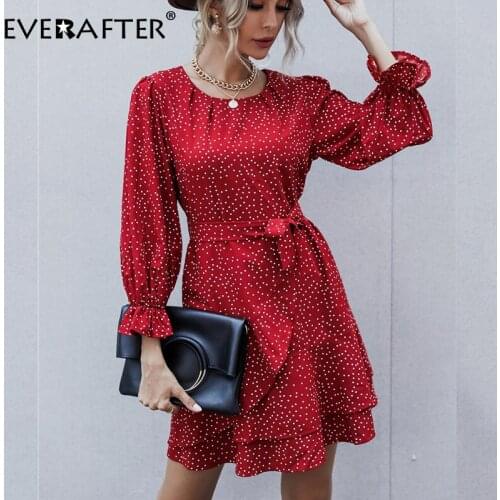 EVERAFTER Autumn O-neck polka dot dress women elegant Petal Sleeve sashes bow ruffles mini dress A-line holiday female dresses