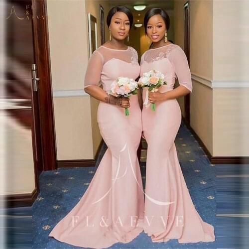 Illusion Pink Tulle Mermaid Bridesmaid Dresses Hlaf Sleeve Wedding Party Gowns Floor-Length Women Occasion Dresses Plus Size