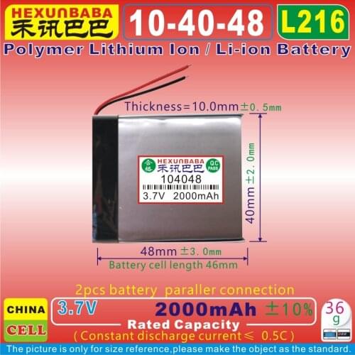 [L216] 3.7V 2000mAh [104048] Polymer lithium ion battery for mobile bank,mp4,tablet pc,cell phone;E-BOOK;MP5